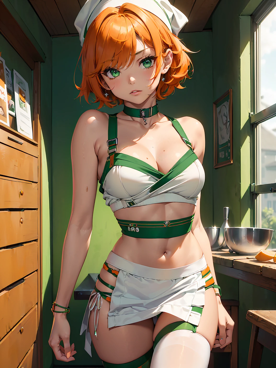 (masterpiece)(8k)((cute))(18-year old girl)(solo:1.5)(1girl:1.5)(wild hair:1.3)(short hair:1.3)(orange hair)(flat chest)(small breasts)(white chef bandana:1.2)(green pupils)(glossy skin)(glossy lips)(shiny)(seductive)(choker necklace)(lime-green camisole)(bra straps)(denim shorts)(intimacy)(knee high socks)(college classroom)