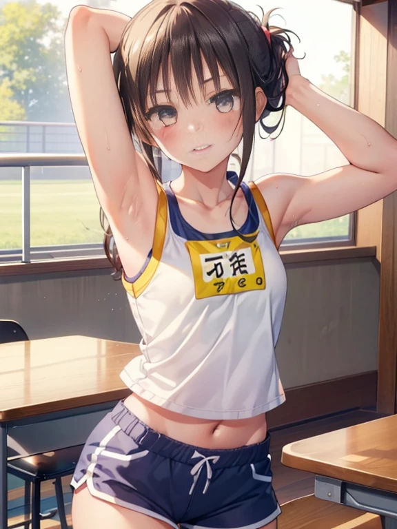 highest quality、 bra、beige shorts、cool look、sexy pose in the room、armpit sweat、grass、ecstasy face((table top)), (1 girl:2.0), (highly detailed face, smile) , (slender physique), (japanese girl), ((Athletics Club Member, Long-distance runner)), Slightly round face,  cute, Big eyes