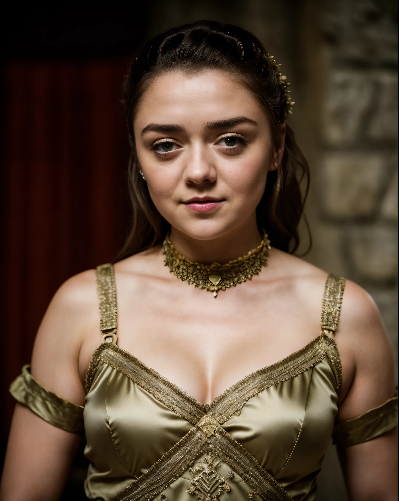 Foto RAW, Arya Stark, Stunning Beauty, Ravishing, Enchantress, Extremely gorgeous lady, Arya Stark PLAYED BY MAISIE WILLIAMS, Queen Arya Stark, she a mature woman now, milf, sexy mediaeval battle dress, gladiator woman, body, 40 years old Woman, Roman slave dress, cotton dress, busty mediaeval costumes, body revealing costumes, perky breast, big natural breast, erotic costumes, lusty physique, seductive figure can capture every people's attention, Game of thrones costumes, revealing captivating figure, Mediaeval costumes, revealing clothes, A tomboy, she would rather fence than dance, warrior queen , game of thrones screen caps, Game of Thrones Series, (pele altamente detalhada: 1.2), 8k UHD, DSLR, soft-lighting, alta qualidade, grain of film, Fujifilm XT3, flawless picture, highly detailed, detailed Beauty, intricate, 32k, sharp picture,