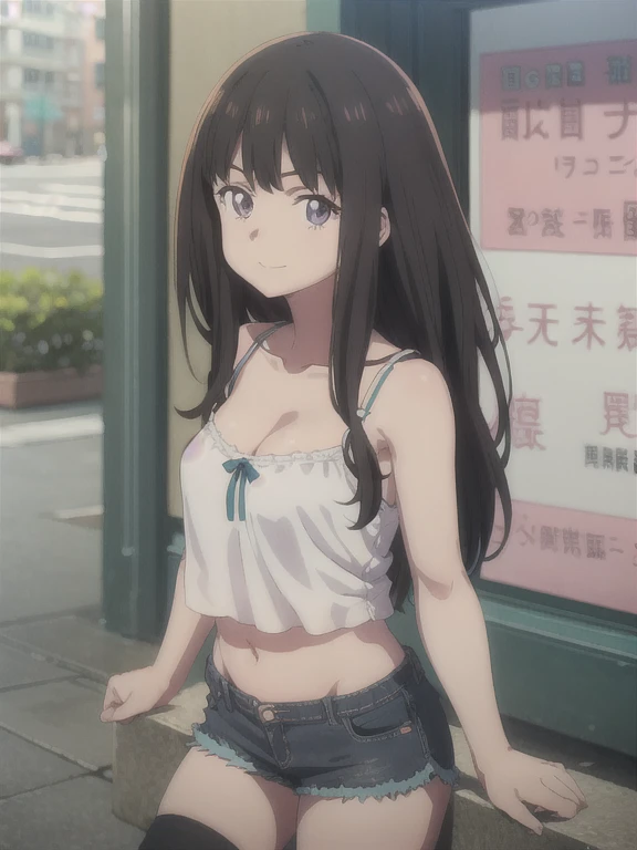 1girl, solo, masterpiece, best quality,
        lycoris recoil, inoue takina, takina inoue, purple eyes, tsurime, black hair, long hair, straight hair, sidelocks, camisole, (aqua camisole:1.2), crop top, skindentation, collarbone, bare arms, cleavage, medium breasts, midriff, navel, shorts, denim shorts, thighhighs,
          cowboy shot, contrapposto, looking at viewer,
          blush, light smile,
          outdoors, city