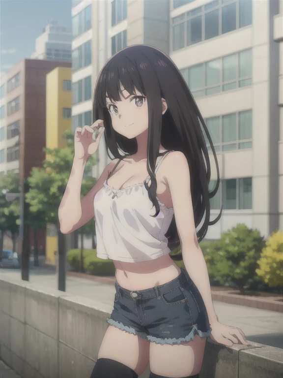 1girl, solo, masterpiece, best quality,
lycoris recoil, inoue takina, takina inoue, purple eyes, tsurime, black hair, long hair, straight hair, sidelocks, camisole, (aqua camisole:1.2), crop top, skindentation, collarbone, bare arms, cleavage, medium breasts, midriff, navel, shorts, denim shorts, thighhighs,
cowboy shot, contrapposto, looking at viewer,
blush, light smile,
outdoors, city