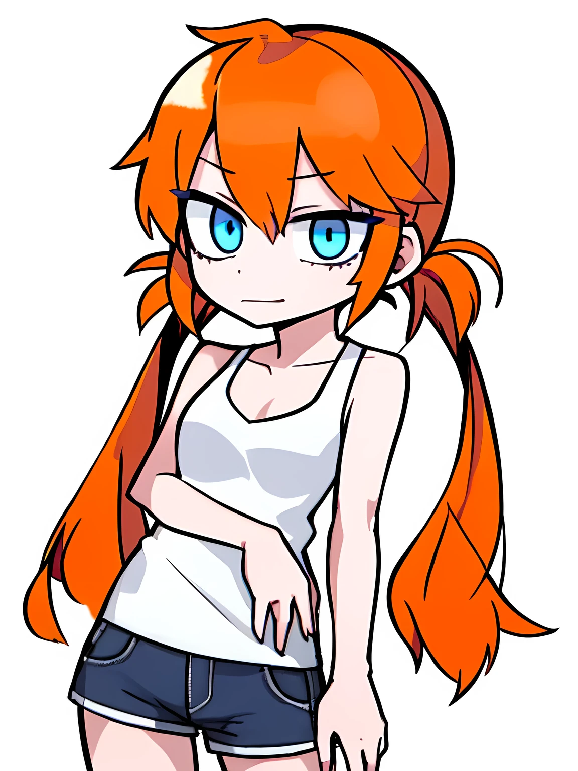 1girl,solo,upper body,(((low twintails))),orange curly hair,(((blue eyes))),white tanktop,white background