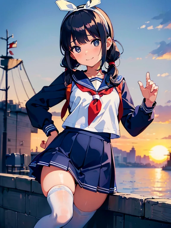 (masterpiece: 1.3), (highest quality:1.4), ultra high resolution, (fine eyes), (detailed facial features), (Detailed features of clothing), HDR, 8K resolution, High school girl in sailor suit, anime 2d rendering, (((white headband))), smile, black hair, (((navy blue sailor uniform))), black stockings, (((school scenery))), (((small face))), trot, Pigtails, happy posing, 