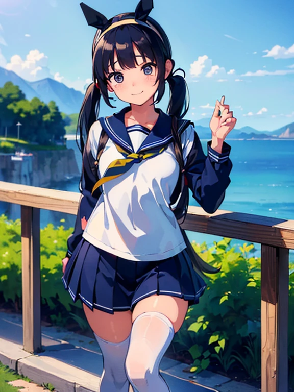 (masterpiece: 1.3), (highest quality:1.4), ultra high resolution, (fine eyes), (detailed facial features), (Detailed features of clothing), HDR, 8K resolution, High school girl in sailor suit, anime 2d rendering, (((white headband))), smile, black hair, (((navy blue sailor uniform))), black stockings, (((school scenery))), (((small face))), trot, Pigtails, happy posing, 