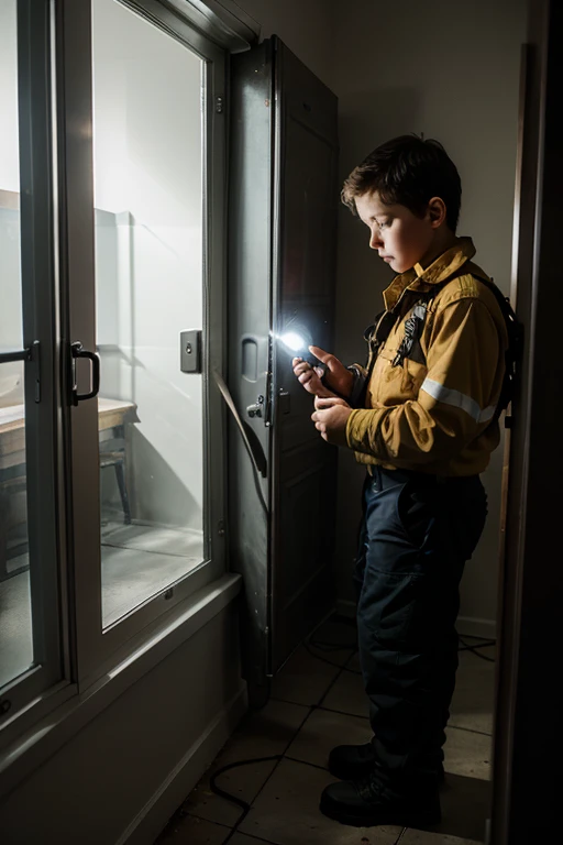 Boy using a flashlight from a window to call the firefighters