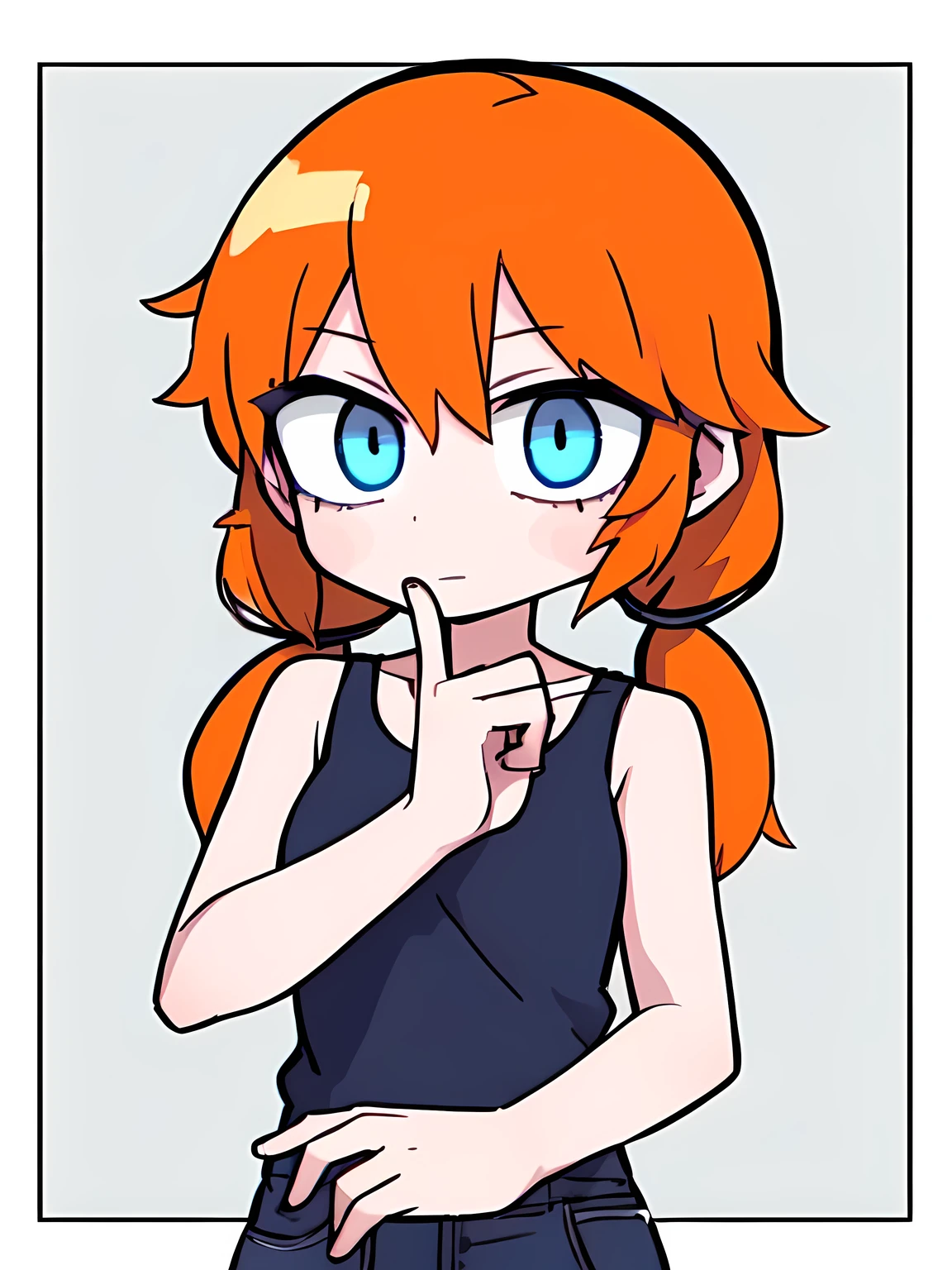 1girl,solo,upper body,(((low twintails))),orange curly hair,(((blue eyes))),white tanktop,white background