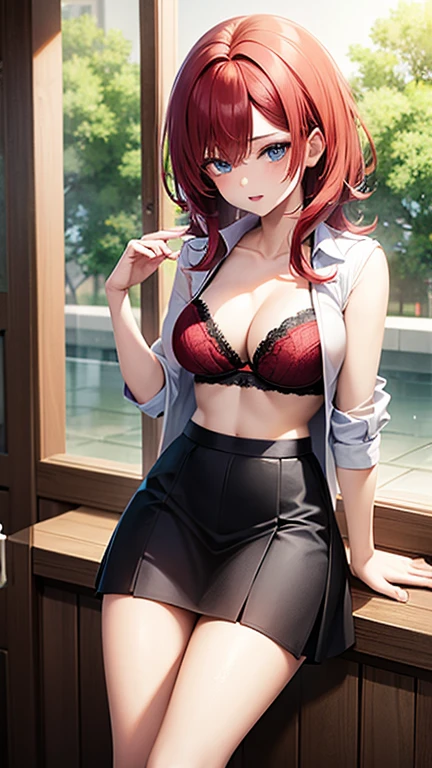 An anime girl with red hair and blue eyes wearing a skirt and an open shirt revealing a black and red bra