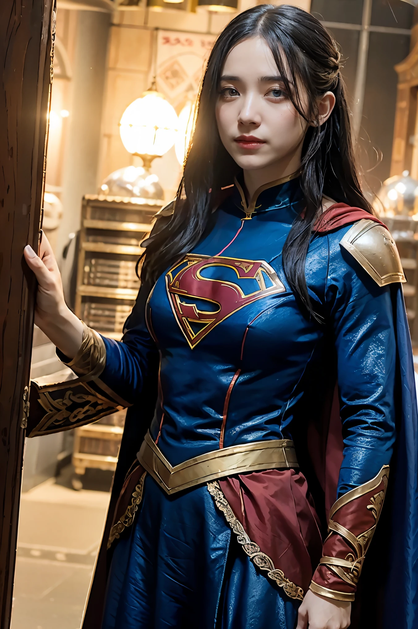 best quality, masterpiece, realistic, 1 woman, a scourge Aasimar in DND setting, 
, (((bard costume(inspired by supergirl:0.8)))) ,  blue eyes, black hair, female focus,