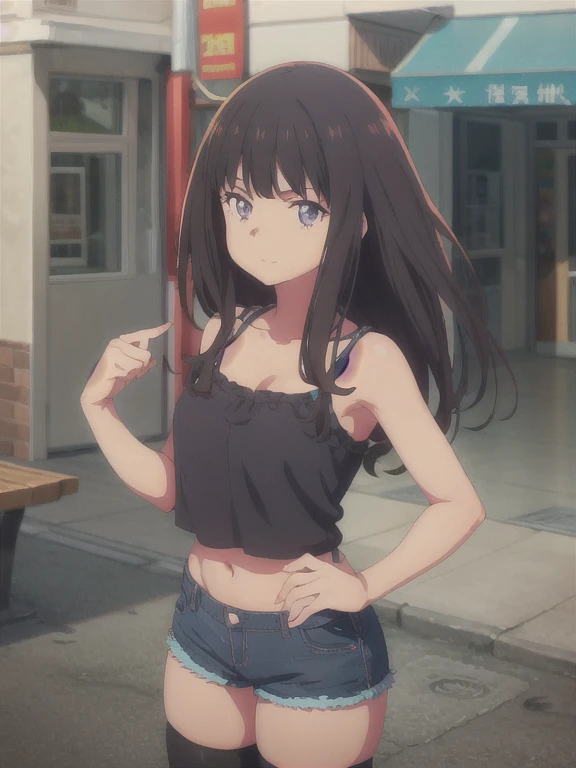1girl, solo, masterpiece, best quality,
lycoris recoil, inoue takina, takina inoue, purple eyes, tsurime, black hair, long hair, straight hair, sidelocks, camisole, (aqua camisole:1.2), crop top, skindentation, collarbone, bare arms, cleavage, medium breasts, midriff, navel, shorts, denim shorts, thighhighs,
cowboy shot, contrapposto, looking at viewer,
blush, light smile,
outdoors, city