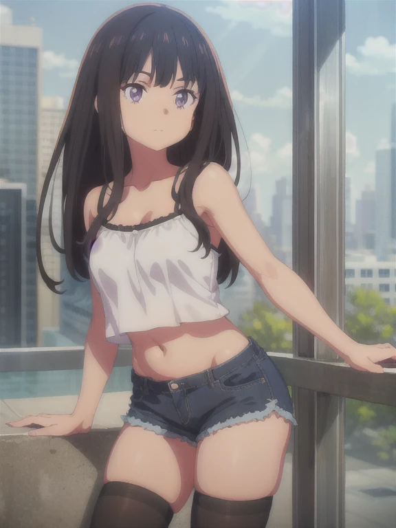 1girl, solo, masterpiece, best quality,
        lycoris recoil, inoue takina, takina inoue, purple eyes, tsurime, black hair, long hair, straight hair, sidelocks, camisole, (aqua camisole:1.2), crop top, skindentation, collarbone, bare arms, cleavage, medium breasts, midriff, navel, shorts, denim shorts, thighhighs,
          cowboy shot, contrapposto, looking at viewer,
          blush, light smile,
          outdoors, city