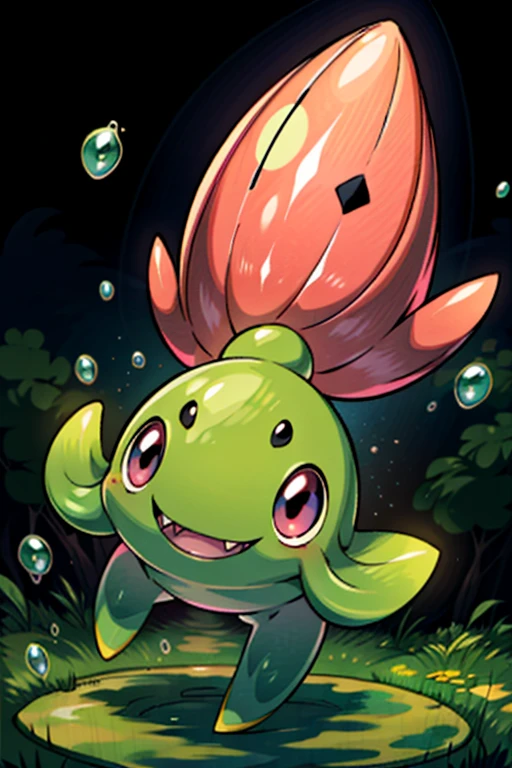 masterpiece, best quality, SFW, (safe for work),wide shot,1Digimon, solo, sharp teeth, elongated ears, wide mouth,tadpole shape, data type digimon, pink, (A tadpole-like digimon, with very long ears, is amidst bubbles),digimon style,(in-training level digimon), dark forest background