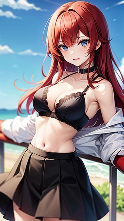 An anime girl with red hair and blue eyes wearing a skirt and an open shirt revealing a black and red bra
