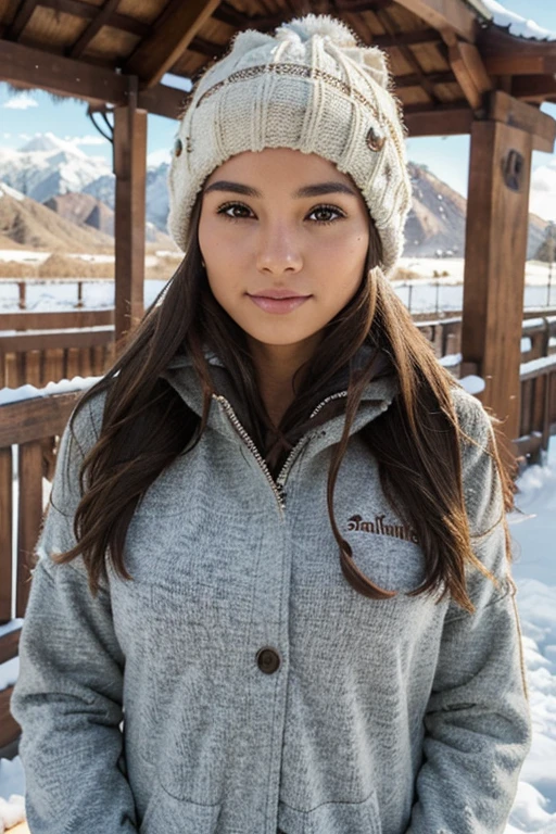 to a 23-year-old Bolivian girl with brown hair, con gorro para frio, piel clara, feliz, ojos claros, mirando el paisaje nevado, vistiendo ropa abrigada deportiva, brazos abiertos recibiendo el sol