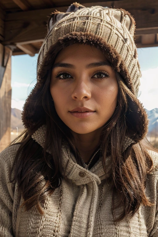 to a 23-year-old Bolivian girl with brown hair, con gorro para frio, piel clara, feliz, ojos claros, mirando el paisaje nevado, vistiendo ropa abrigada deportiva, brazos abiertos recibiendo el sol