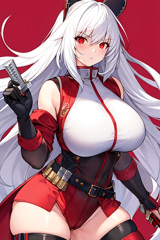1girl, white hair, long hair, red eyes, serious, glowing eyes, large breasts, thick thighs, mature female, athletic female, toned, leotard, black leotard, thighhighs, belt, knife, fur trim, fur