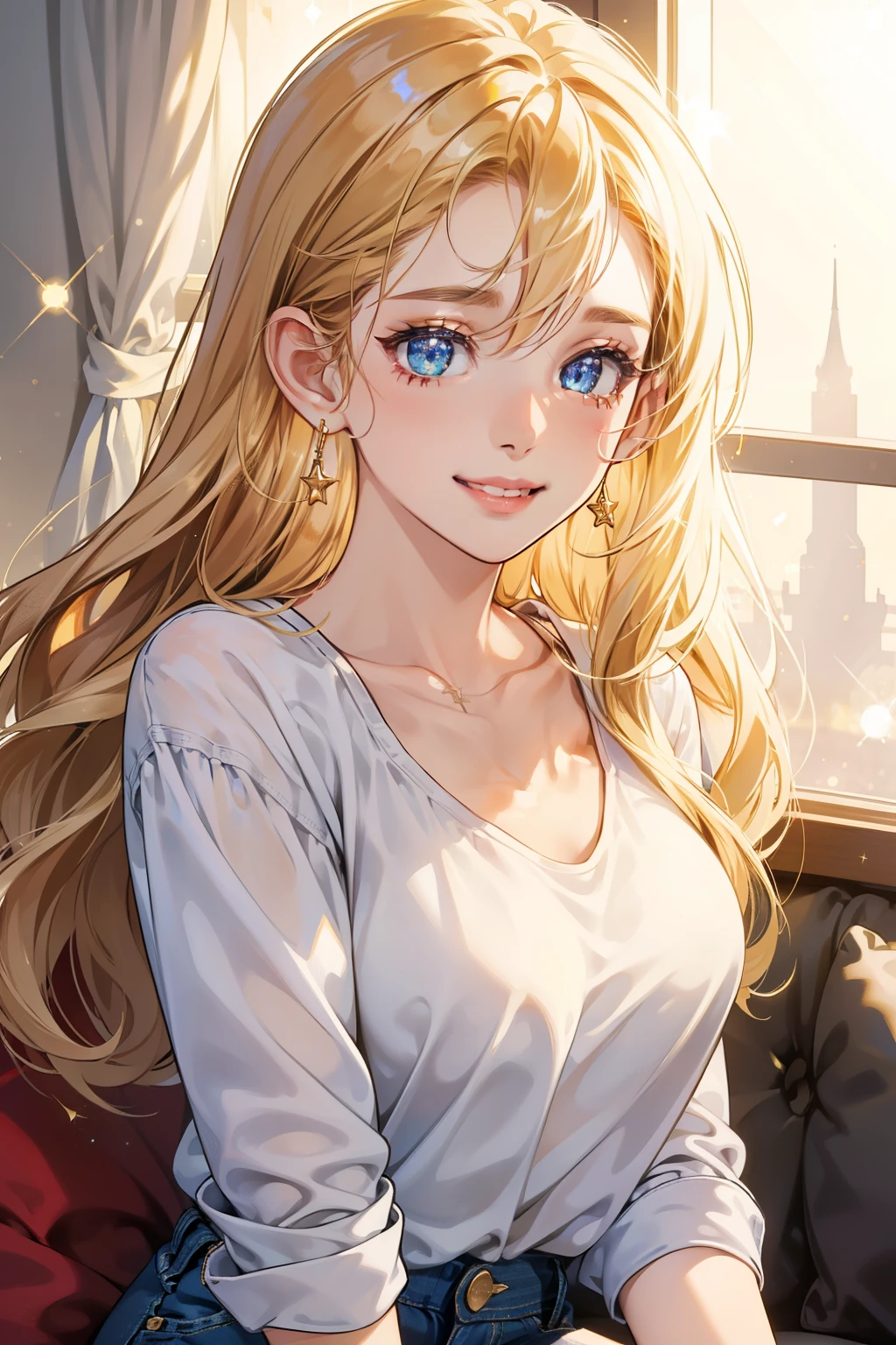(Ultra-detailed, polished portrayal, high resolution) - 1 girl, with her boyfriend, sharing a tender moment, her expressions filled with delight, (Close-up on her face: 1.2), (8k, best quality, soft focus) - (Jewelry: 1.4), her boyfriend's hand reaching out to place the earrings gently, (emotional connection: 1.4), (Golden, sparkling earrings: 1.4), (casual attire: 1.4) - jeans and a simple white top, (Happy smile, sparkling eyes: 1.2), soft focus background, (int