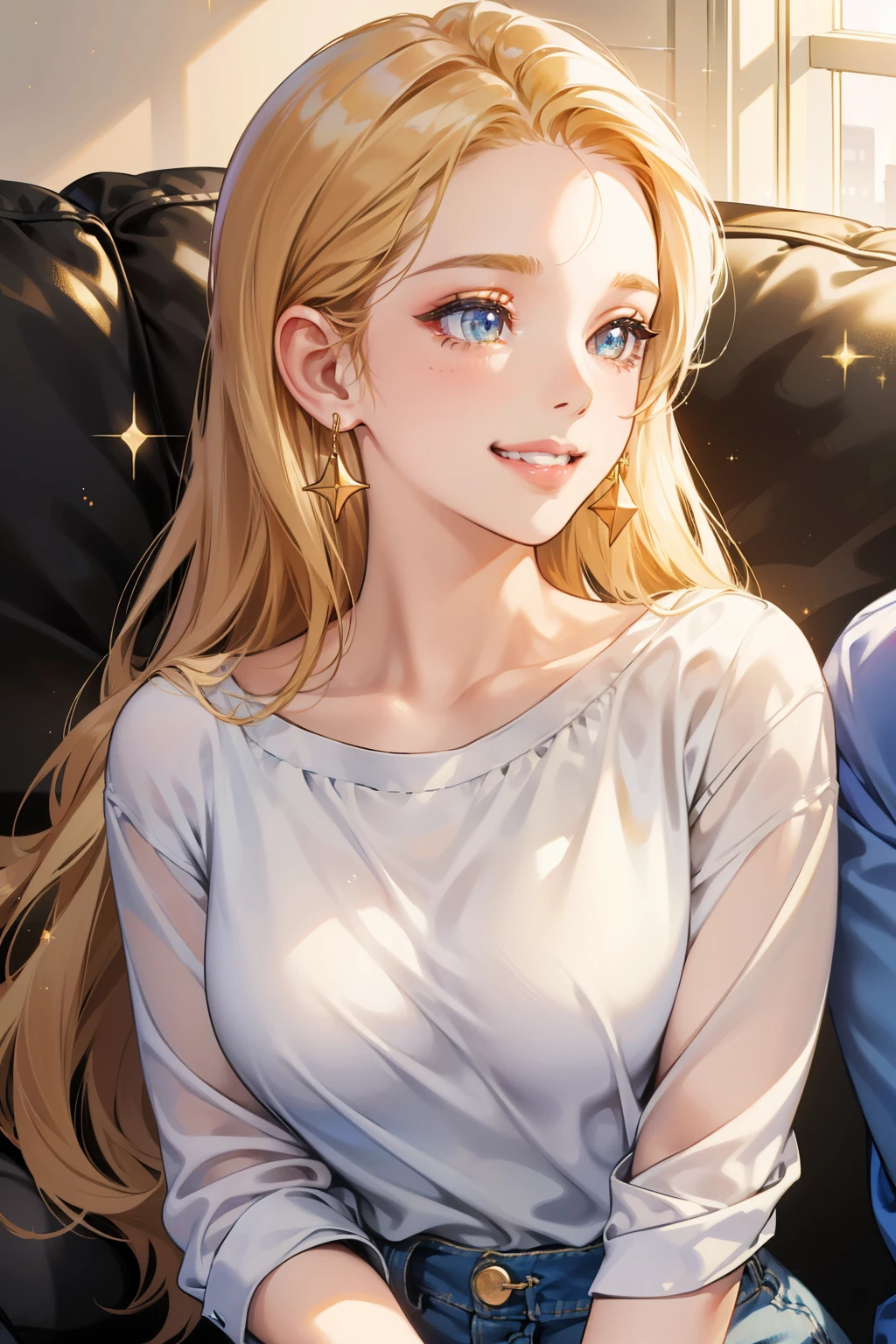(Ultra-detailed, polished portrayal, high resolution) - 1 girl, with her boyfriend, sharing a tender moment, her expressions filled with delight, (Close-up on her face: 1.2), (8k, best quality, soft focus) - (Jewelry: 1.4), her boyfriend's hand reaching out to place the earrings gently, (emotional connection: 1.4), (Golden, sparkling earrings: 1.4), (casual attire: 1.4) - jeans and a simple white top, (Happy smile, sparkling eyes: 1.2), soft focus background, (int