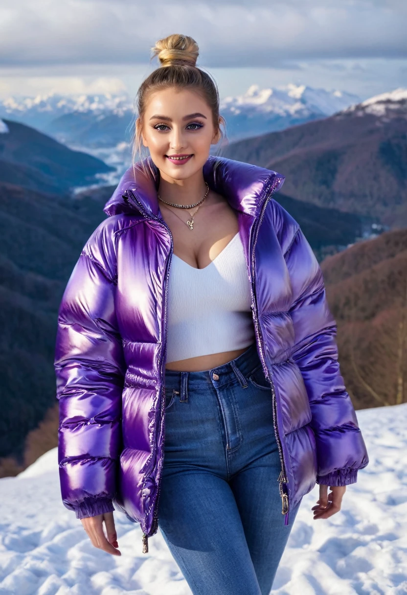 hyperrealistic beautiful busty 18-year-old women with long legs wearing shiny purple vinyl puffer coat and skinny jeans, model shooting full body photography, platin blonde classic bun, dark eye makeup with eyeliner, seductive smile, small necklace, 8K, Best quality, Meisterwerk, ultra high resolution, (Realismus: 1.4), Originalfoto, (realistische Hautstruktur: 1.3), (Filmkorn: 1.3), (Selfie-Winkel), 1 girl, Beautiful round hazel eyes and facial details, Meisterwerk, Best quality, winter outdoor at mountain top