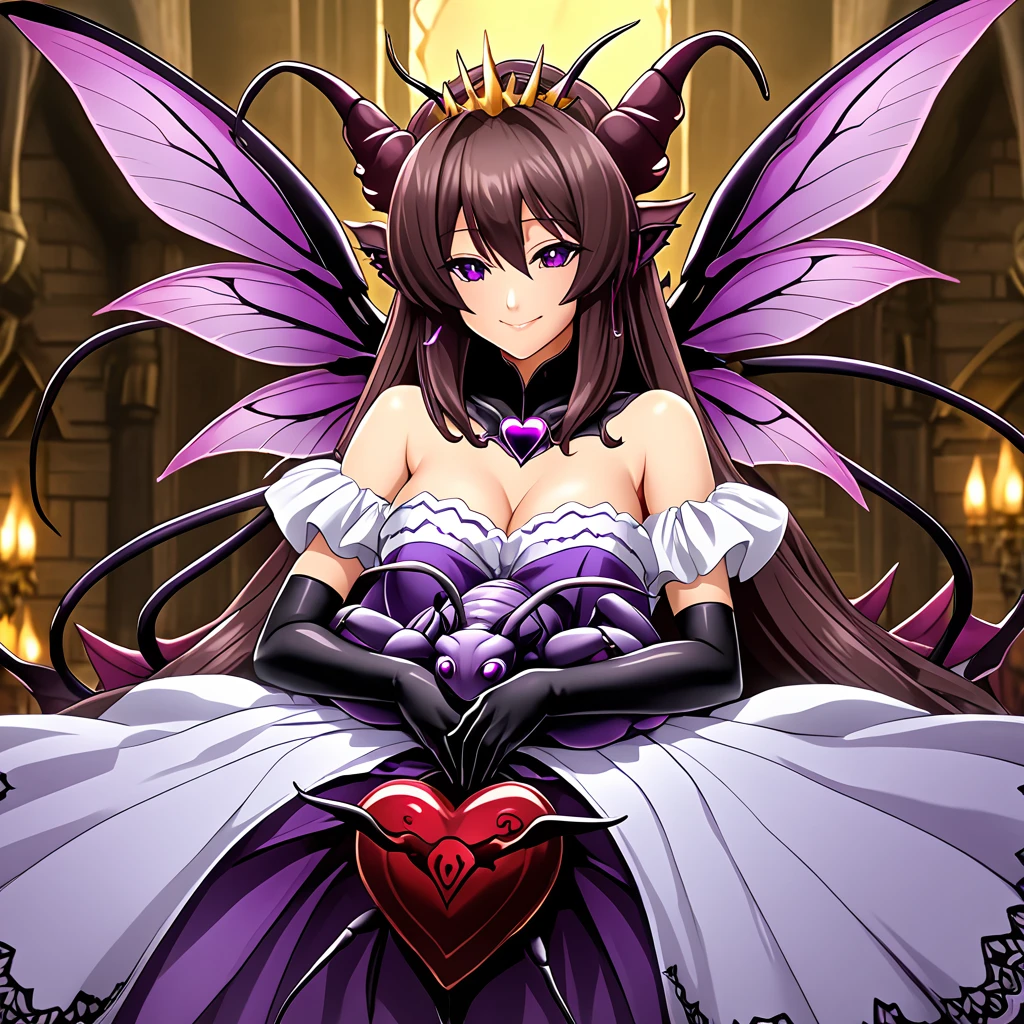 ((highest quality)), ((masterpiece)), (detailed), （Perfect Face）、（The woman was Marina Katsuragi, a purple fly demon with medium-long brown hair, a deformed fly demon similar to Beelzebub, the demon king of flies, with fly antennae and four transparent fly wings growing from her back, fly-like body hair growing from her, and a fly-decorated engagement ring on her arm.２She is carried in the princess carry position by Beelzebub, the great demon king of flies, who has a book and four thin fly-like arms, and is loved by him while he gives her deep kisses.）、She became the wife of the Demon King of flies and became a demon of flies with a smile, and gained the same fly antennae and transparent eyes as the Demon King.４The body of the fly is purple with black borders.々The stinging like that of a dead fly々The woman is wearing a cute devil dress, a fly-themed tiara, fly earrings and other accessories all with a fly motif, and is carried in a princess carry by Beelzebub, the Demon King of the Flies. She smiles happily and hugs him and kisses him. She is loved and favored by Beelzebub, the Demon King of the Flies.、The man is Beelzebub, the monstrous demon king of flies, and caresses the woman, lifting her up in a princess carry, embracing her, rubbing her cheeks with him, kissing her and showing her affection.、（Demon King２He has one arm and four thin fly arms, and with those six arms he holds the woman tightly in a princess carry and kisses her deeply, pressing her against him.）