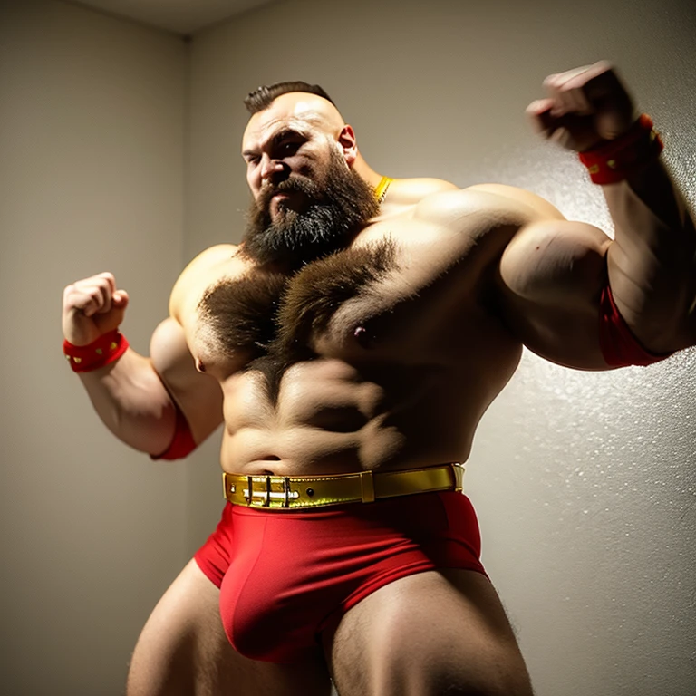 zangief,a man with a beard and a golden belt, fighting game character, street fighter 5,muscled humanoid,heavy looking,buff man,wrestler,Red short briefs,capcom,street fighter,shirtless,muscular male,chest hair,visually weighty,bearded man,mohawk hair,best quality 