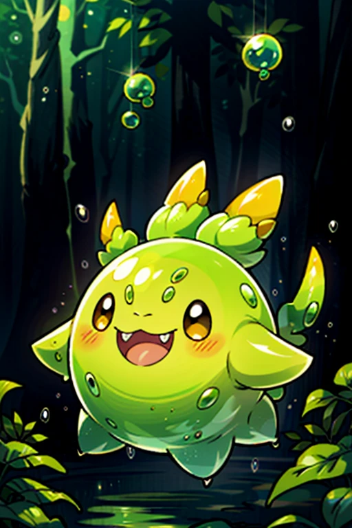 masterpiece, best quality, SFW, (safe for work),wide shot,1Digimon, solo, sharp teeth, elongated ears, wide mouth,tadpole shape, data type digimon, orange, (A slime-like digimon, with very long ears, is amidst bubbles),digimon style,(in-training level digimon), dark forest background