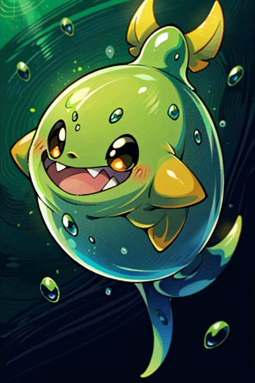 masterpiece, best quality, SFW, (safe for work),wide shot,1Digimon, solo, sharp teeth, elongated ears, wide mouth,tadpole shape, data type digimon, orange, (A slime-like digimon, with very long ears, is amidst bubbles),digimon style,(in-training level digimon), dark forest background