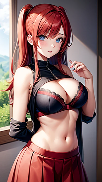 An anime girl with red hair and blue eyes wearing a skirt and an open shirt revealing a black and red bra
