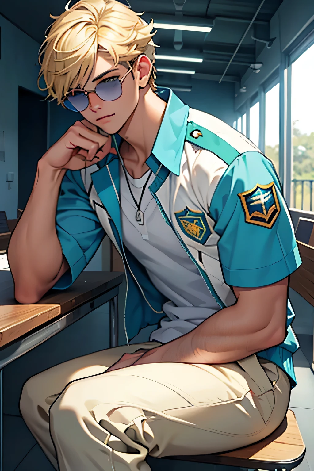 jovem de 16 anos, masculino, James, with her short blonde hair and light blue eyes covered by sunglasses, vestia o uniforme escolar verde, ambiente sala de aula.