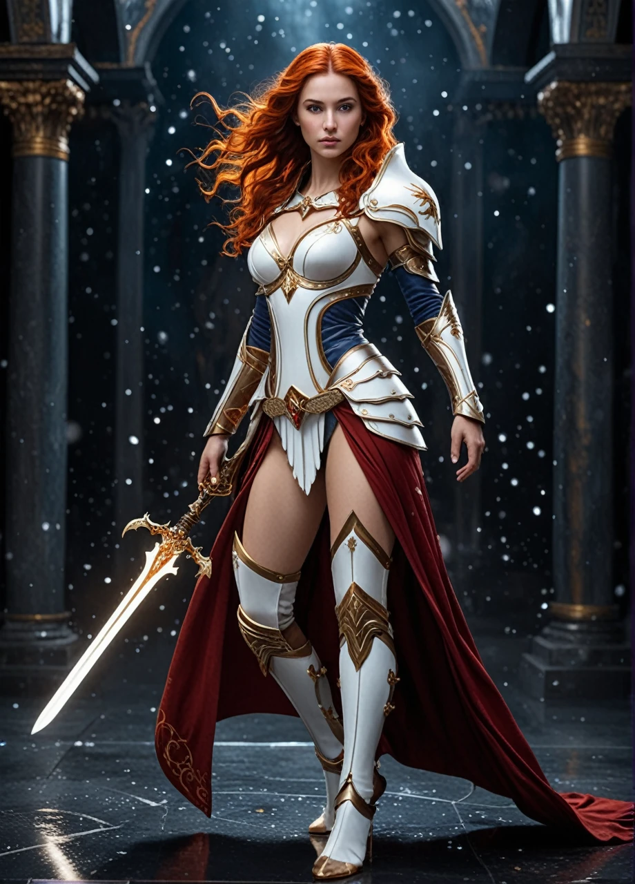 (((full body photo))) HKStyle,Envision a striking woman in battle-worn, (realistic skin:1.5), (beautiful face:1.4), white armor, her presence exuding both strength and grace within a minimalist, pure white sanctum. ((Full body photo,standing, feet on the ground)) Her armor, though predominantly pristine, is artfully adorned with a cascade of celestial motifs and intricate filigree that shimmer with a subtle iridescence. In her hand, a formidable sword with an ornate hilt and a blade that reflects a kaleidoscope of ethereal colors, as if forged from the very essence of light. The wall behind her comes alive with an explosion of vibrant, cosmic paint splatters, reminiscent of a supernova, with hues of deep purples, fiery oranges, and celestial blues that create a stark contrast against the white room and armor. The vivid paint seems to be in motion, ((Full body photo,standing, feet on the ground)) with droplets suspended in the air, capturing the aftermath of a mythical battle. Her stance is one of defiant beauty, eyes that tell tales of ancient wars, her hair a flowing tapestry of gold that catches the light of the surrounding chaos. The scene is imbued with an otherworldly glow, adding a sense of surreal drama to the composition, making it not just a picture, but a story of the cosmos itself woven into the very fabric of her being