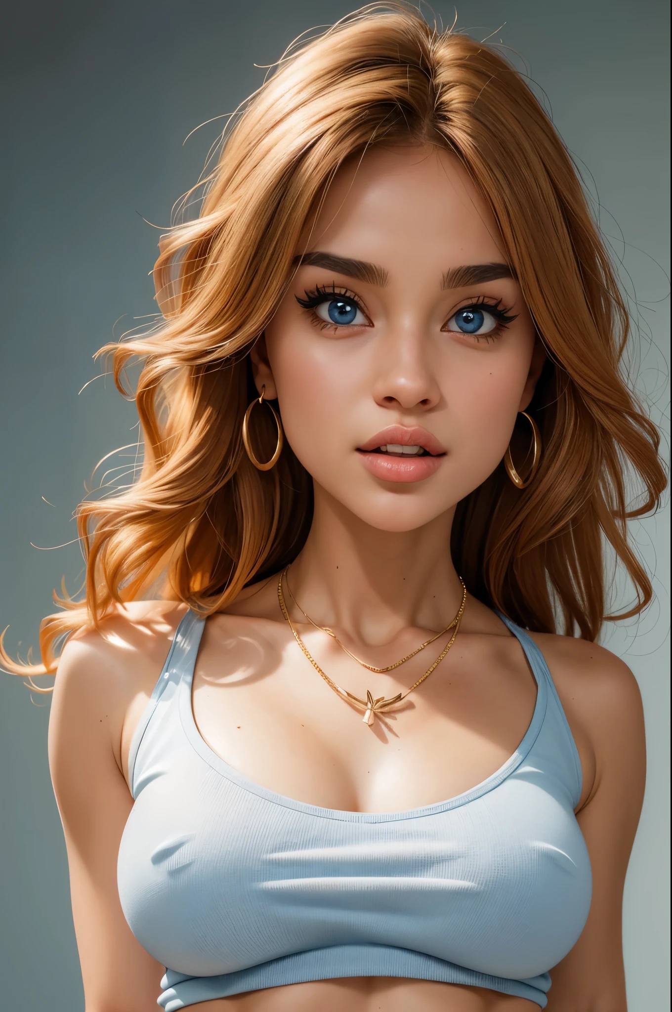 wide shot, (crop top tee shirt:1.1), (tone abs:1.0), (shoulders back:1.1), (looking at me:1.5) (Masterpiece, Professional lighting, 16k, 8k wallpaper, raw photo, photorealistic:1.8, ultra detailed, natural lighting, detailed skin, detailed face, detailed eyes), 1 beautiful playful girl, long curly blond hair with bangs, necklace, blue eyes, sexy gaze, (lips apart:1.2), (two front teeth overbite:1.0)