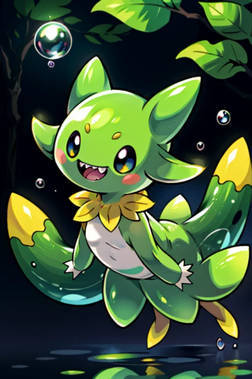 masterpiece, best quality, SFW, (safe for work),wide shot,1Digimon, solo, sharp teeth, elongated ears, wide mouth,tadpole shape, data type digimon, pink, (A tadpole-like digimon, with very long ears, is amidst bubbles),digimon style,(in-training level digimon), dark forest background