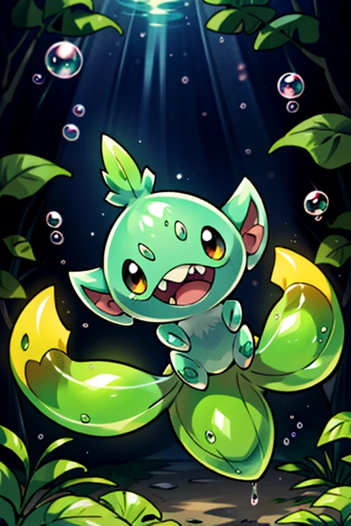 masterpiece, best quality, SFW, (safe for work),wide shot,1Digimon, solo, sharp teeth, elongated ears, wide mouth,tadpole shape, data type digimon, pink, (A tadpole-like digimon, with very long ears, is amidst bubbles),digimon style,(in-training level digimon), dark forest background
