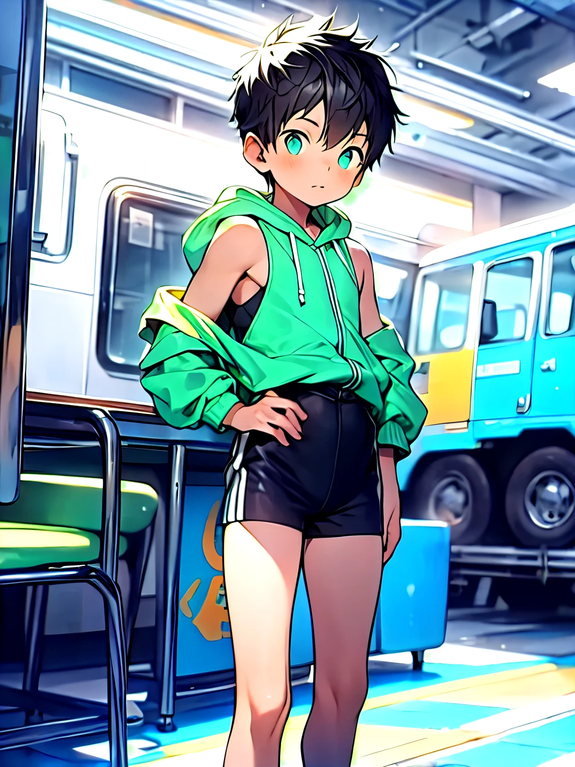 Highres, Masterpiece, Best quality at best,Best Quality,hight quality, hight detailed, 1boy, Shota, Green hoodie with cyan stripes, Wearing headset, The hoodie is sleeveless and has an open zipper, (very small and short stature), (very young boy), (very small and short body), s, School, Sweat