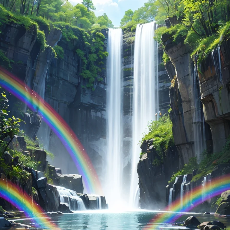 A beautiful waterfall of colored water with little rainbows emerging from the droplets。
