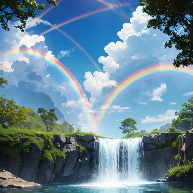 A beautiful waterfall of colored water with little rainbows emerging from the droplets。