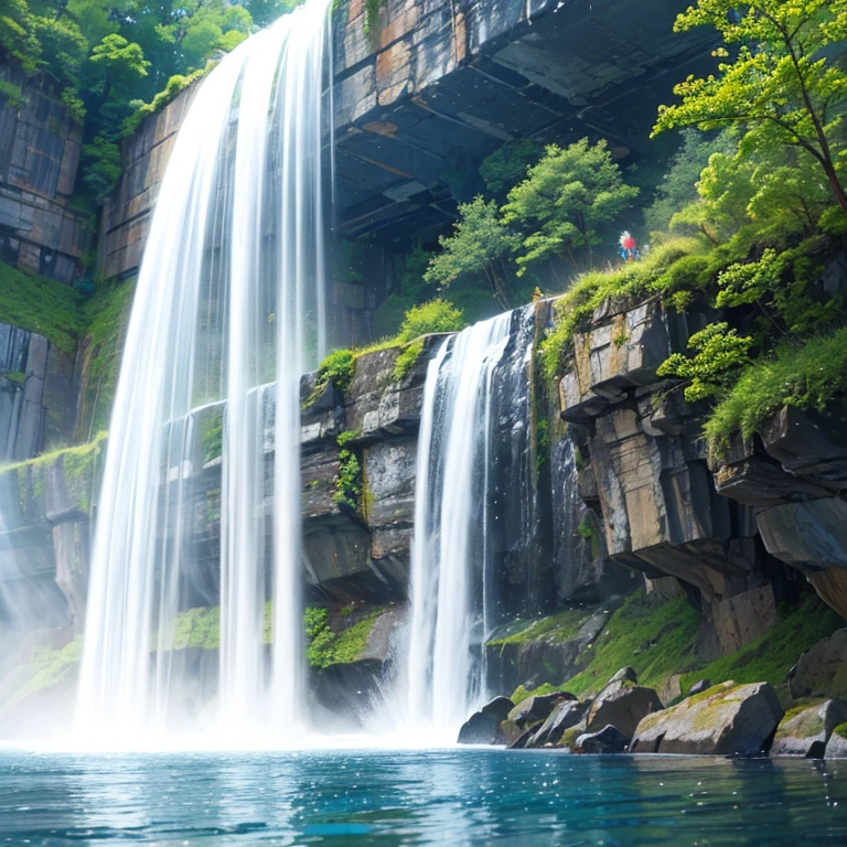 A beautiful waterfall of colored water with little rainbows emerging from the droplets。