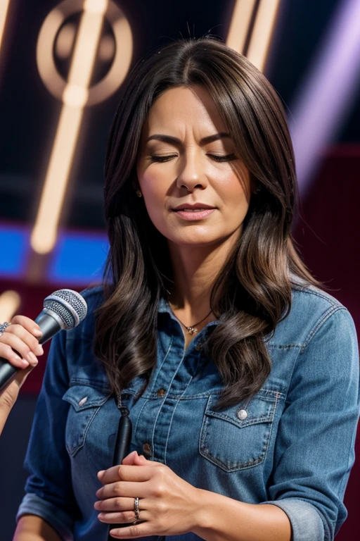 hetero couple 40 years old, brunette hair, wearing a casual clothes, preaching with microphone highly detailed, with a rings detailed, on a stage talking with a adults people hiquality, with a rings, hazel eyes, hyper-realistic, Praying with closed eyes  expression, Canon, Nikon, 85mm, HD, 4K, 8k Casual clothes 