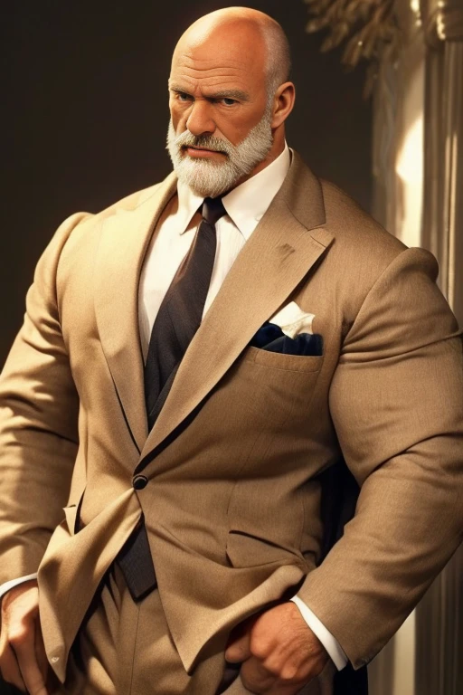 1930's style old Detective character wearing 1930's man suit, bald, old man, very thick brown moustache, mutton chops, no beard, heavy set, muscular, thick neck, large chest, large biceps, large shoulders, thick,