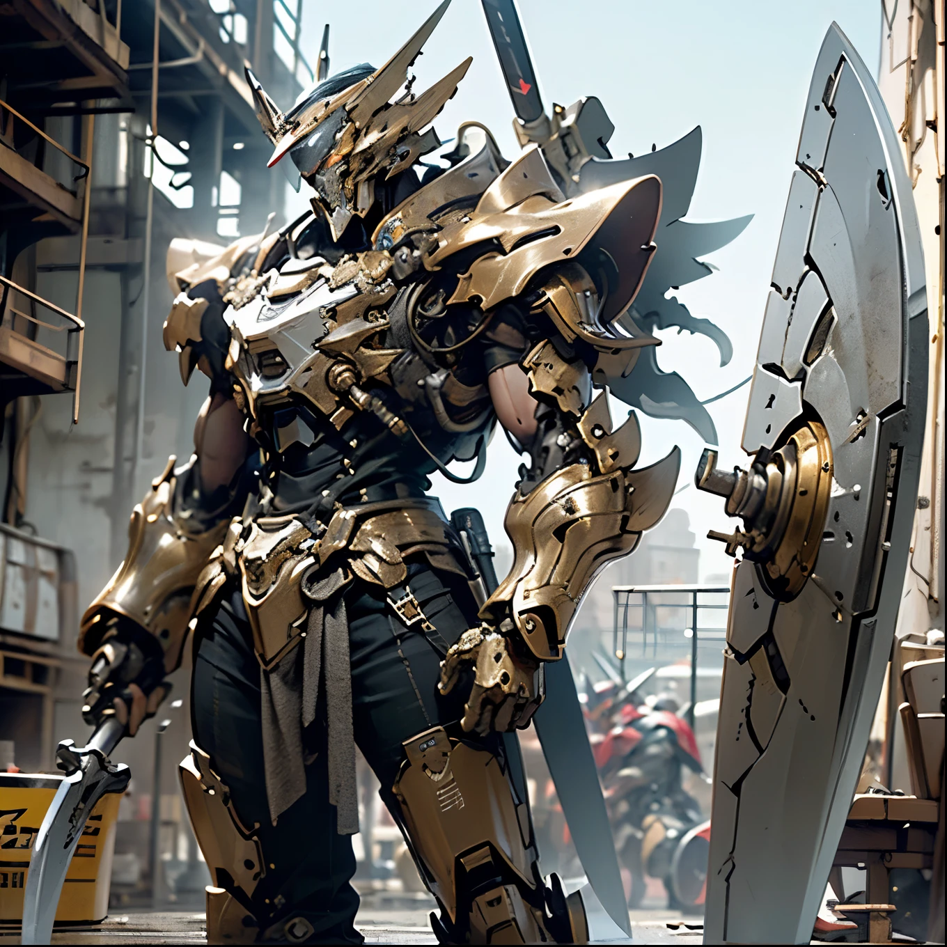 (8k, best quality, masterpiece:1.2),(1 Man:1.3),Mecha giant,Thick metallic hair,Mechanical Parts,(Designed based on the heroes of Greek mythology:1.3)+(Hercules:1.2),Glowing red circuits on the armor surface,Plenty of cooling exhaust vents,(The prototype is Gundam),[Intricate details｜Electroplated gold]Mechanical joints,Giant robot skeleton,(A life-sized battle axe:1.2)+(The axe is equipped with a huge thruster nozzle:1.3),masterpiece肖像, Extreme details, (character focus:1.4), Very detailed, 8K octane, HDR, Super detailed, best quality, best quality, Realistic lighting, Ultra Detailed