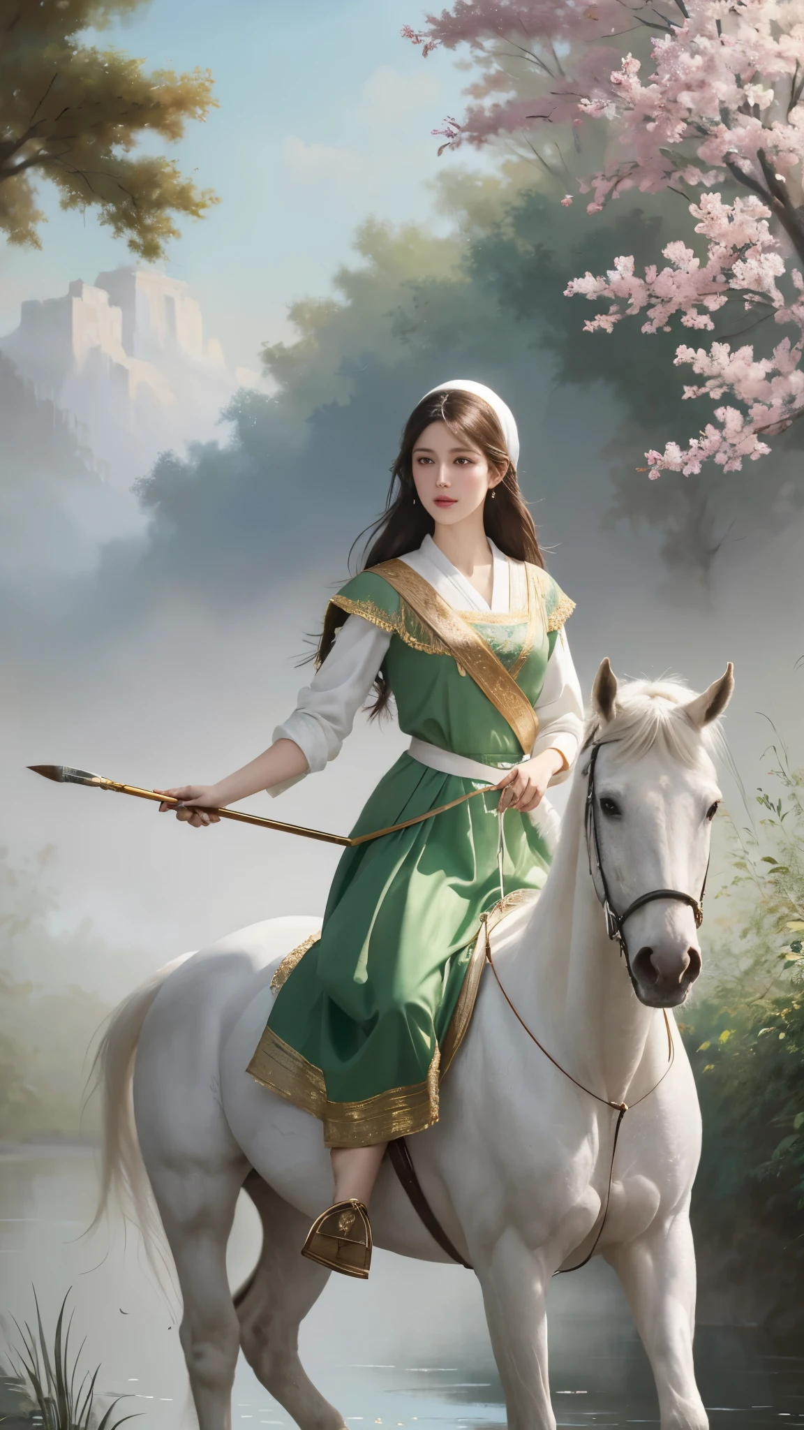 Highest Image Quality, High Resolution 8k,Painting of a mulim Woman, Beautiful Woman,pink lips, dark hair, white skin perfect body shape, green eyes, wearing islamic white uniform, Riding a white Horse in a Dress, Wlop Painting Style, Beautiful Character Painting, Beautiful Painting, Very Well Detailed Painting,Graphic Artist Magali Villeneuve, by Yang J, Wlop Art, Art by Edouard Bisson, Beautiful Fantasy Painting, Art by Wlop and Greg Rutxowski, stylish digital painting, oil painting style, beautiful digital painting, very well detailed