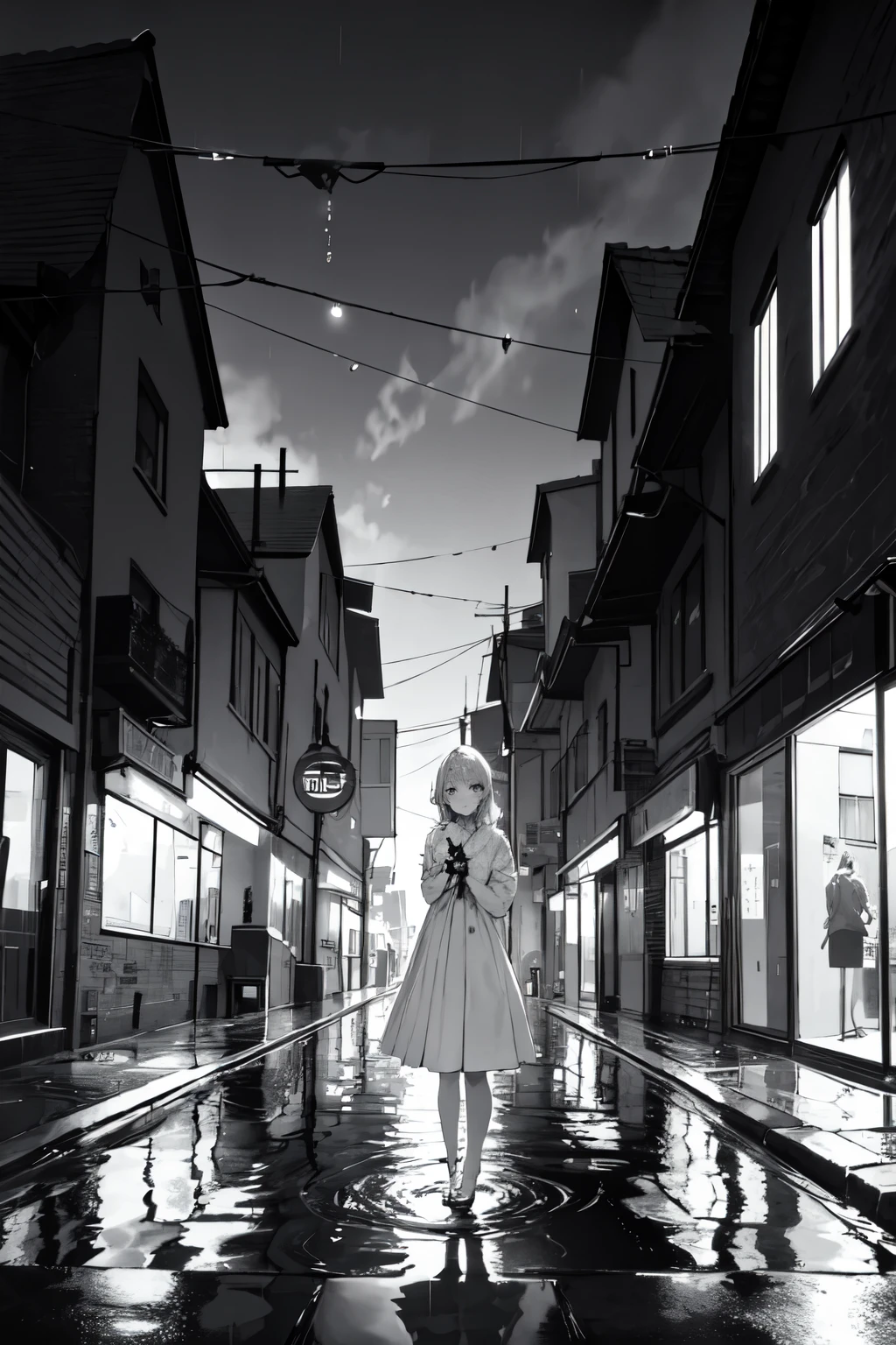 ((melhor qualidade)), ((Obra de arte)), (detalhado), rosto perfeito, uma jovem com grandes olhos brilhantes e cabelos coloridos, maybe in pastel colors, usando um vestido bonito. She is standing on a narrow cobblestone street, with tall, bright buildings behind it. City lights create a magical atmosphere around you, reflected in puddles of water on streets wet from recent rain.