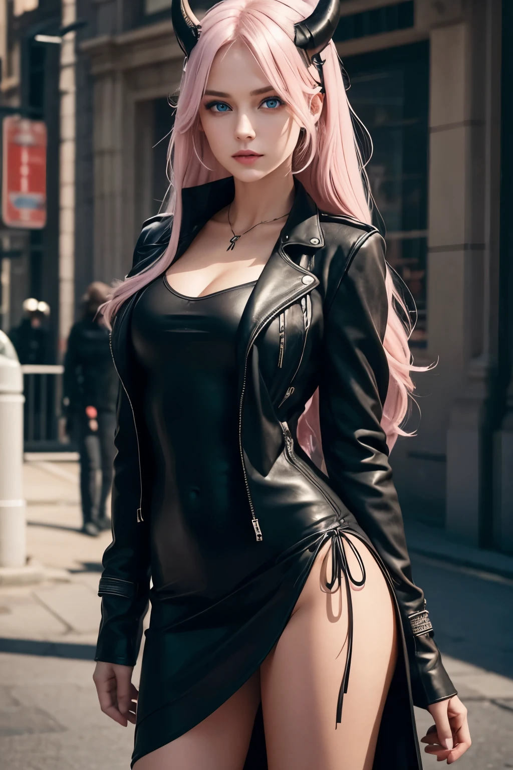 woman will have a soft and expressive face with large bright blue eyes, long and flowing hair in a pale pink tone with white highlights, complemented by small stylized horns. She will wear a tight black dress that highlights her figure, accompanied by a modern leather jacket that adds a touch of rebellion and style. Underneath the dress, she will have a shirt with a loose tie, creating a sophisticated yet edgy look. With this combination, we have a visually striking and extremely beautiful woman that incorporates the best elements of the three original characters.