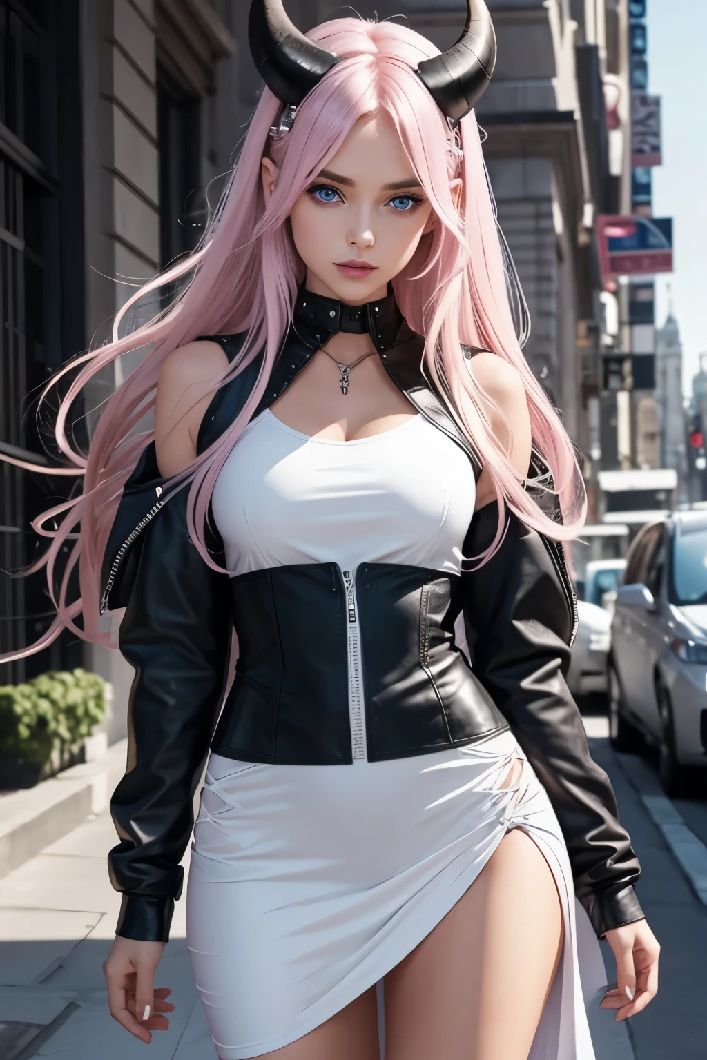 woman will have a soft and expressive face with large bright blue eyes, long and flowing hair in a pale pink tone with white highlights, complemented by small stylized horns. She will wear a tight black dress that highlights her figure, accompanied by a modern leather jacket that adds a touch of rebellion and style. Underneath the dress, she will have a shirt with a loose tie, creating a sophisticated yet edgy look. With this combination, we have a visually striking and extremely beautiful woman that incorporates the best elements of the three original characters.