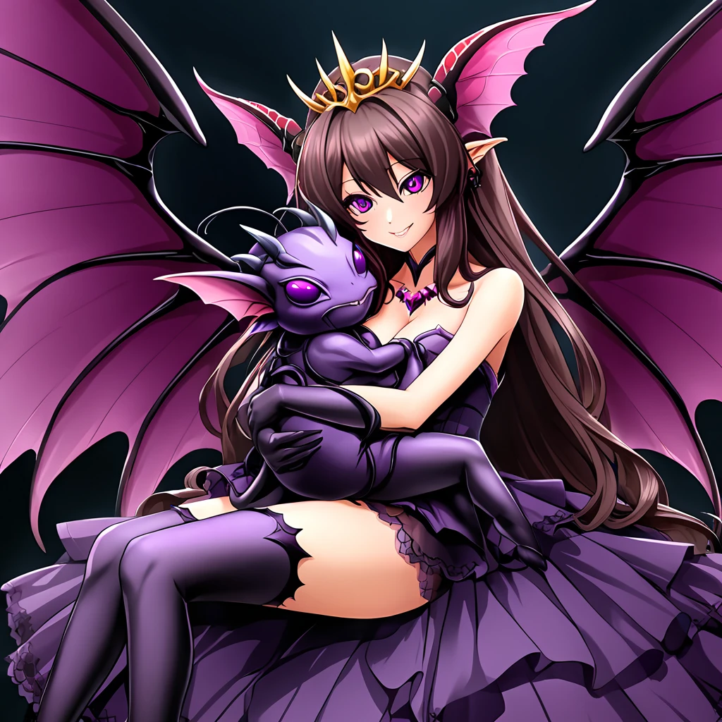 ((highest quality)), ((masterpiece)), (detailed), （Perfect Face）、((The woman is Marina Katsuragi, the Purple Fly Devil. She has medium-long brown hair and a fly-like sting.々He is a deformed fly demon, similar to Beelzebub, the Demon Lord of Flies, wearing a costume that resembles strange body hair, with fly antennae and four transparent fly wings growing from his back, and an engagement ring decorated with fly hair growing from his arm.２She is carried in the princess carry position by Beelzebub, the great demon king of flies, who has a book and four thin fly-like arms, and is loved by him while he gives her deep kisses.))、She became the wife of the Demon King of flies and became a demon of flies with a smile, and gained the same fly antennae and transparent eyes as the Demon King.４The body of the fly is purple with black borders.々The stinging like that of a dead fly々The woman is wearing a cute devil dress, a fly-themed tiara, fly earrings and other accessories all with a fly motif, and is carried in a princess carry by Beelzebub, the Demon King of the Flies. She smiles happily and hugs him and kisses him. She is loved and favored by Beelzebub, the Demon King of the Flies.、The man is Beelzebub, the monstrous demon king of flies, and caresses the woman, lifting her up in a princess carry, embracing her, rubbing her cheeks with him, kissing her and showing her affection.、（Demon King２He has one arm and four thin fly arms, and with those six arms he holds the woman tightly in a princess carry and kisses her deeply, pressing her against him.）