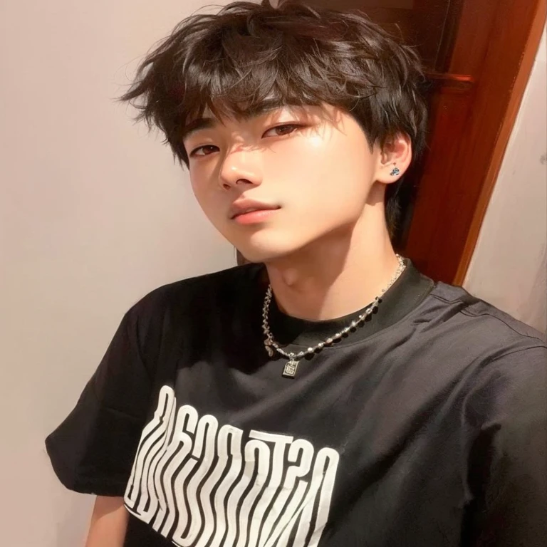 Arafed Asian boy with a black shirt and a necklace., hyung tae, jungkook, Jung Jaehyun, Hong June Hyung, cai xukun, jinyoung shin, kim taejin, retrato de jossi de blackpink, Shin Jeongho, jaeyeon nam, pintar ulzzang, kim doyoung, yanjun chengt, foto de perfil en la cabeza, con pelo corto