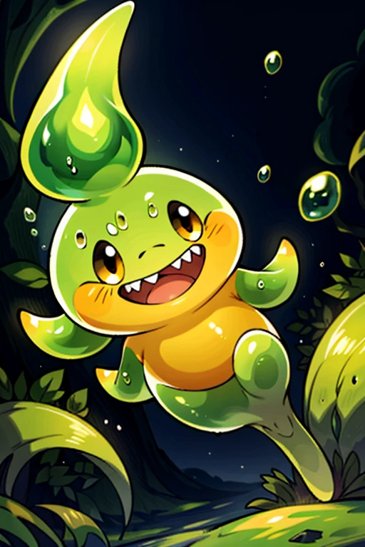 masterpiece, best quality, SFW, (safe for work),wide shot,1Digimon, solo, sharp teeth, elongated ears, wide mouth,tadpole shape, data type digimon, orange, (A slime-like digimon, with very long ears, is amidst bubbles),digimon style,(in-training level digimon), dark forest background