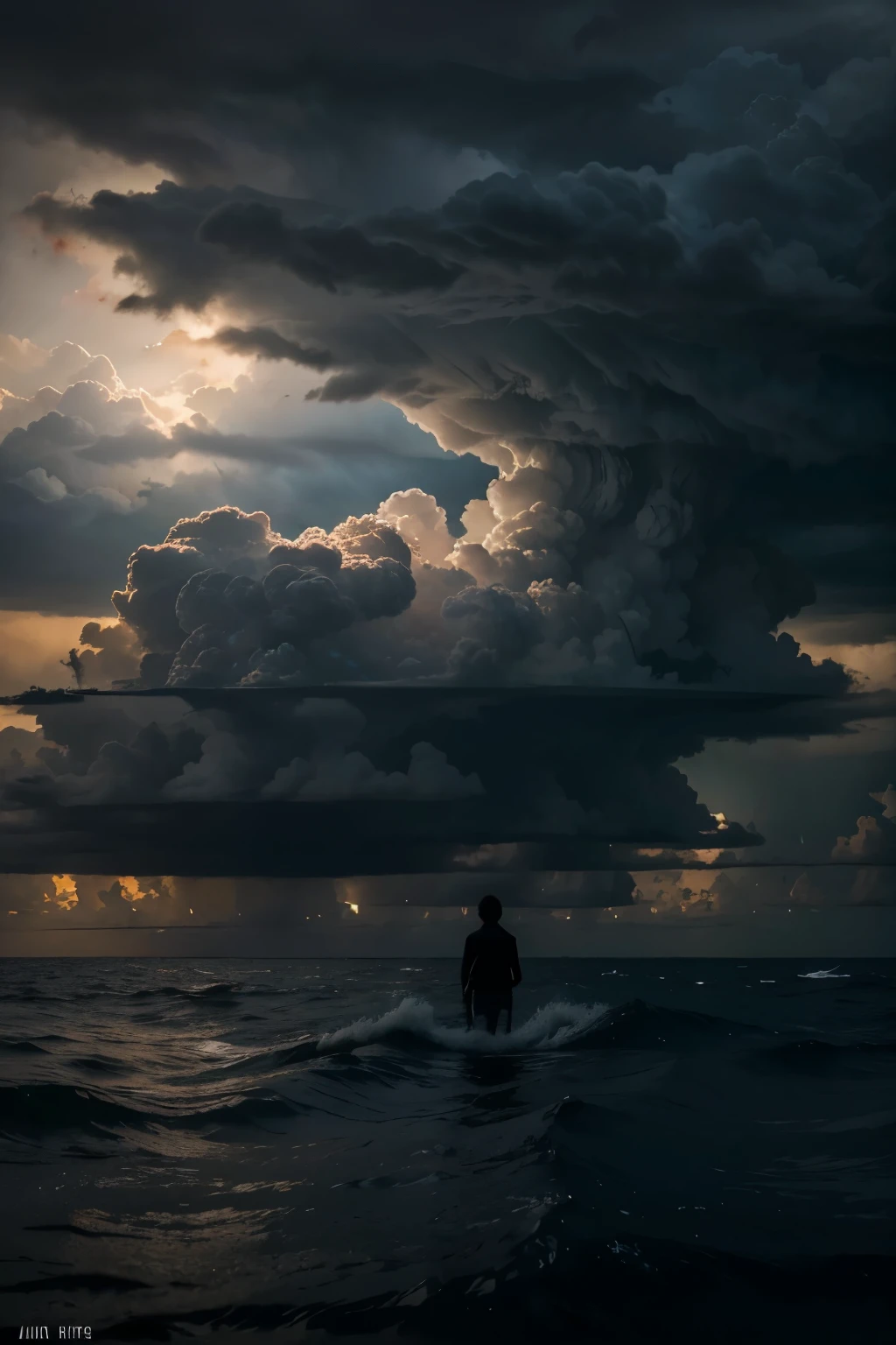 a young boy silhouetted against a sunset over an atoll island, a plush chick by his side, ominous storm clouds approaching, dramatic lightning in the sky, (best quality,4k,8k,highres,masterpiece:1.2),ultra-detailed,(realistic,photorealistic,photo-realistic:1.37),dramatic lighting,cinematic composition,breathtaking scenery,serene atmosphere,vibrant colors,moody sky,turbulent weather,detailed textures,intricate details