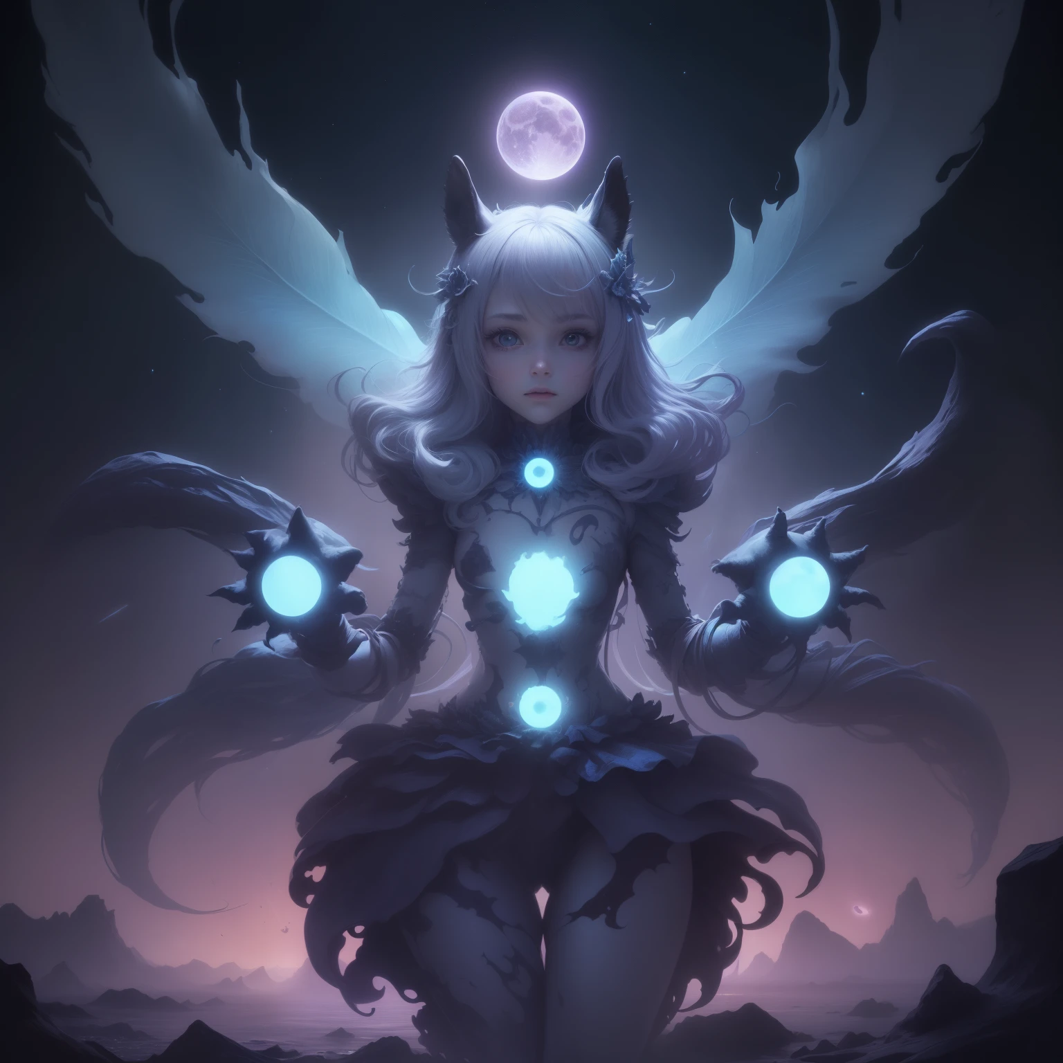 Digital art, surreal. A cute cerulean little ET monster with three eyes forming a triangle, six limbs with five joints, blobbish body covered with bioluminiscent ruffled nuddles. He holds russet paddles with two limbs,baby girl. Flotating round ultraviolet leaves and pink lotus flowers with laser beams. Night, dark, silver moon on different phases on the sky, alien landscape. Colourful palette.
Illuminated by moonlight,
Great angular, deep depht of field, highly detailed,female,fantasy art 8k,masterpiece,score_9,score_8,score_7,score_8_up,score_7_up,score_6_up, commentary, commentary request creatures, game_Lunaflame_Pony_XL:0.9>
,best quality, trending on artstation,six arms