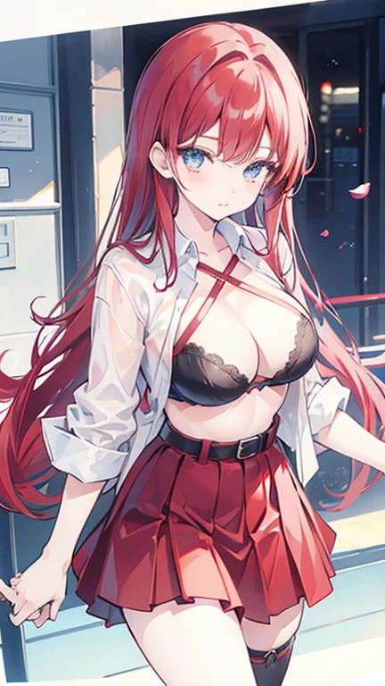 An anime girl with red hair and blue eyes wearing a skirt and an open shirt revealing a black and red bra