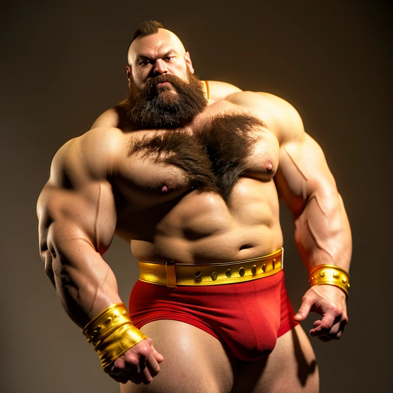 zangief,a man with a beard and a golden belt, fighting game character, street fighter 5,muscled humanoid,heavy looking,buff man,wrestler,Red short briefs,capcom,street fighter,shirtless,muscular male,chest hair,visually weighty,bearded man,mohawk hair,best quality